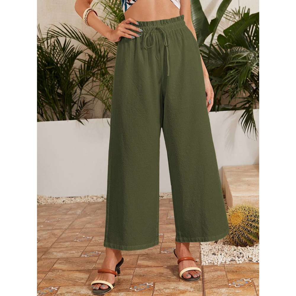 High waisted Frilled Waist Solid Wide Leg Pants green - Picture 11 of 13